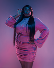 Load image into Gallery viewer, Our CEO is pictured is pictured in our Straight Virgin Hair Extensions (24 inch, 26 inch, 28 inch, 28 inch + 22 inch HD Lace Closure) This texture is long, silky, sleek, and comes in a natural brown color. Hair bundles are constructed into a custom wig unit for a glueless install.