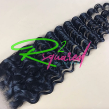 Load image into Gallery viewer, Our 4x4 Transparent Lace Closures are made with fine Swiss Lace, in a transparent nude tone and are 100% single donor human hair. Cuticles are aligned and the density is 120%. Knots may be easily bleached to match scalp complexion to easily hide the lace. Pictured in our Deep Wave Curly hair texture.
