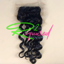 Load image into Gallery viewer, Our 4x4 Transparent Lace Closures are made with fine Swiss Lace, in a transparent nude tone and are 100% single donor human hair. Cuticles are aligned and the density is 120%. Knots may be easily bleached to match scalp complexion to easily hide the lace. Pictured in our Loose Wave curl hair texture.
