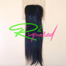 Load image into Gallery viewer, Our 4x4 Transparent Lace Closures are made with fine Swiss Lace, in a transparent nude tone and are 100% single donor human hair. Cuticles are aligned and the density is 120%. Knots may be easily bleached to match scalp complexion to easily hide the lace. Pictured in our Sleek, Silky Straight hair texture.

