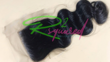 Load image into Gallery viewer, Our 4x4 Transparent Lace Closures are made with fine Swiss Lace, in a transparent nude tone and are 100% single donor human hair. Cuticles are aligned and the density is 120%. Knots may be easily bleached to match scalp complexion to easily hide the lace. Pictured in our Body Wave hair texture.
